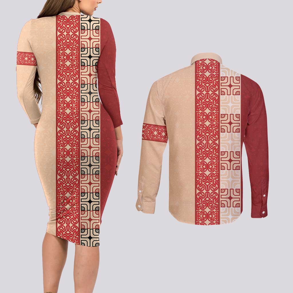 Papua New Guinea Couples Matching Long Sleeve Bodycon Dress and Long Sleeve Button Shirt Oro Tapa Pattern LT05 - Polynesian Pride