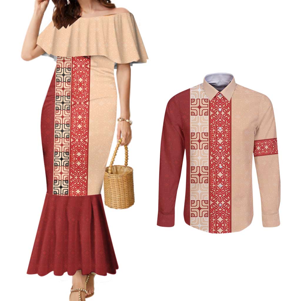 Papua New Guinea Couples Matching Mermaid Dress and Long Sleeve Button Shirt Oro Tapa Pattern LT05 Beige - Polynesian Pride