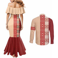 Papua New Guinea Couples Matching Mermaid Dress and Long Sleeve Button Shirt Oro Tapa Pattern LT05 - Polynesian Pride