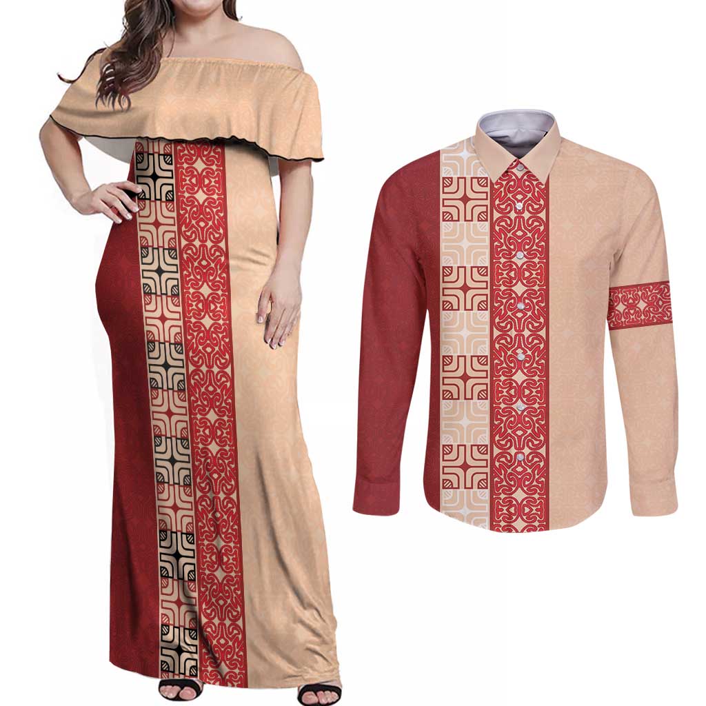 Papua New Guinea Couples Matching Off Shoulder Maxi Dress and Long Sleeve Button Shirt Oro Tapa Pattern LT05 Beige - Polynesian Pride