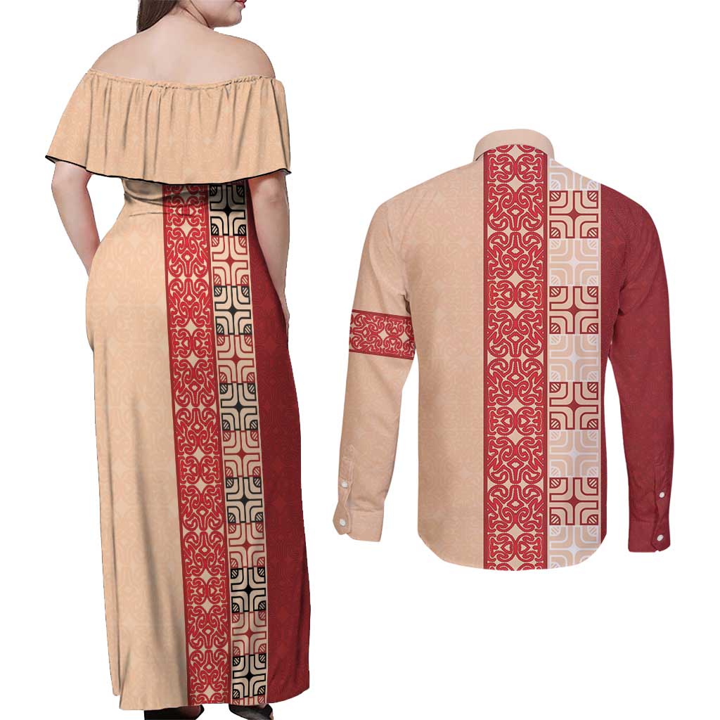 Papua New Guinea Couples Matching Off Shoulder Maxi Dress and Long Sleeve Button Shirt Oro Tapa Pattern LT05 - Polynesian Pride