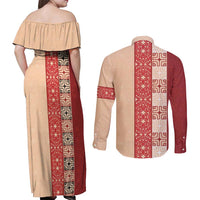 Papua New Guinea Couples Matching Off Shoulder Maxi Dress and Long Sleeve Button Shirt Oro Tapa Pattern LT05 - Polynesian Pride