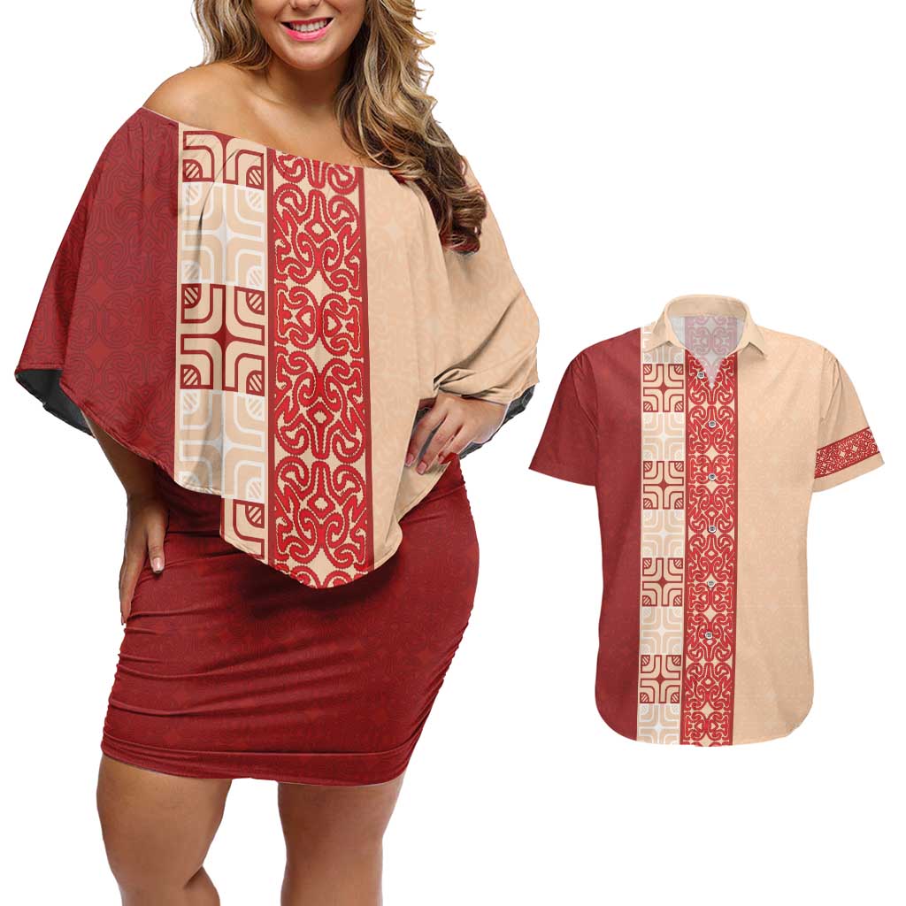 Papua New Guinea Couples Matching Off Shoulder Short Dress and Hawaiian Shirt Oro Tapa Pattern LT05 Beige - Polynesian Pride
