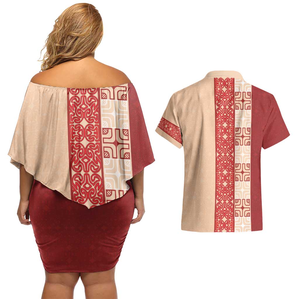 Papua New Guinea Couples Matching Off Shoulder Short Dress and Hawaiian Shirt Oro Tapa Pattern LT05 - Polynesian Pride