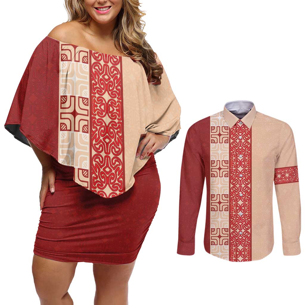 Papua New Guinea Couples Matching Off Shoulder Short Dress and Long Sleeve Button Shirt Oro Tapa Pattern LT05 Beige - Polynesian Pride