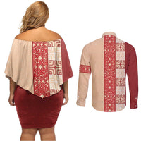 Papua New Guinea Couples Matching Off Shoulder Short Dress and Long Sleeve Button Shirt Oro Tapa Pattern LT05 - Polynesian Pride