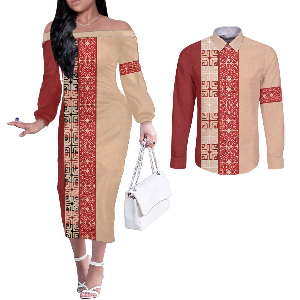 Papua New Guinea Couples Matching Off The Shoulder Long Sleeve Dress and Long Sleeve Button Shirt Oro Tapa Pattern LT05 Beige - Polynesian Pride