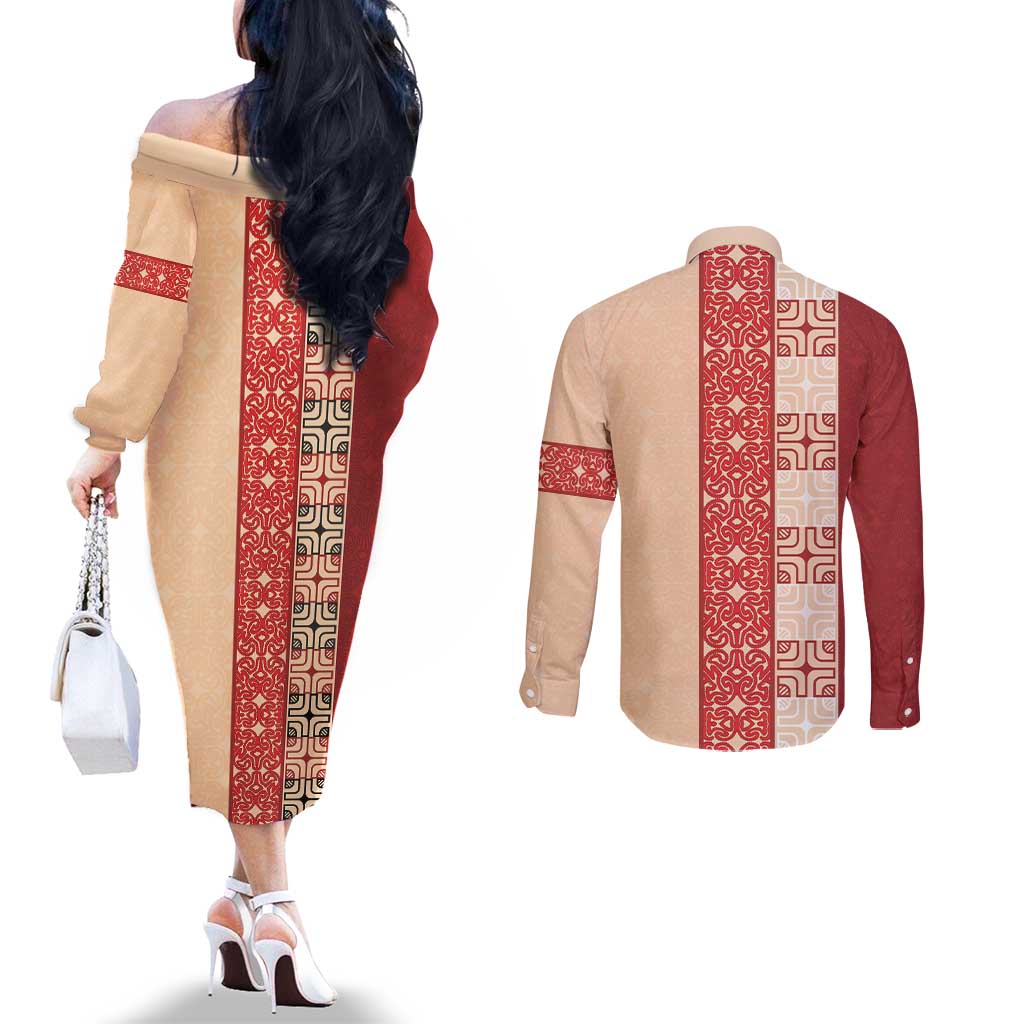 Papua New Guinea Couples Matching Off The Shoulder Long Sleeve Dress and Long Sleeve Button Shirt Oro Tapa Pattern LT05 - Polynesian Pride