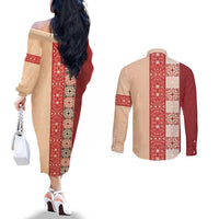 Papua New Guinea Couples Matching Off The Shoulder Long Sleeve Dress and Long Sleeve Button Shirt Oro Tapa Pattern LT05 - Polynesian Pride