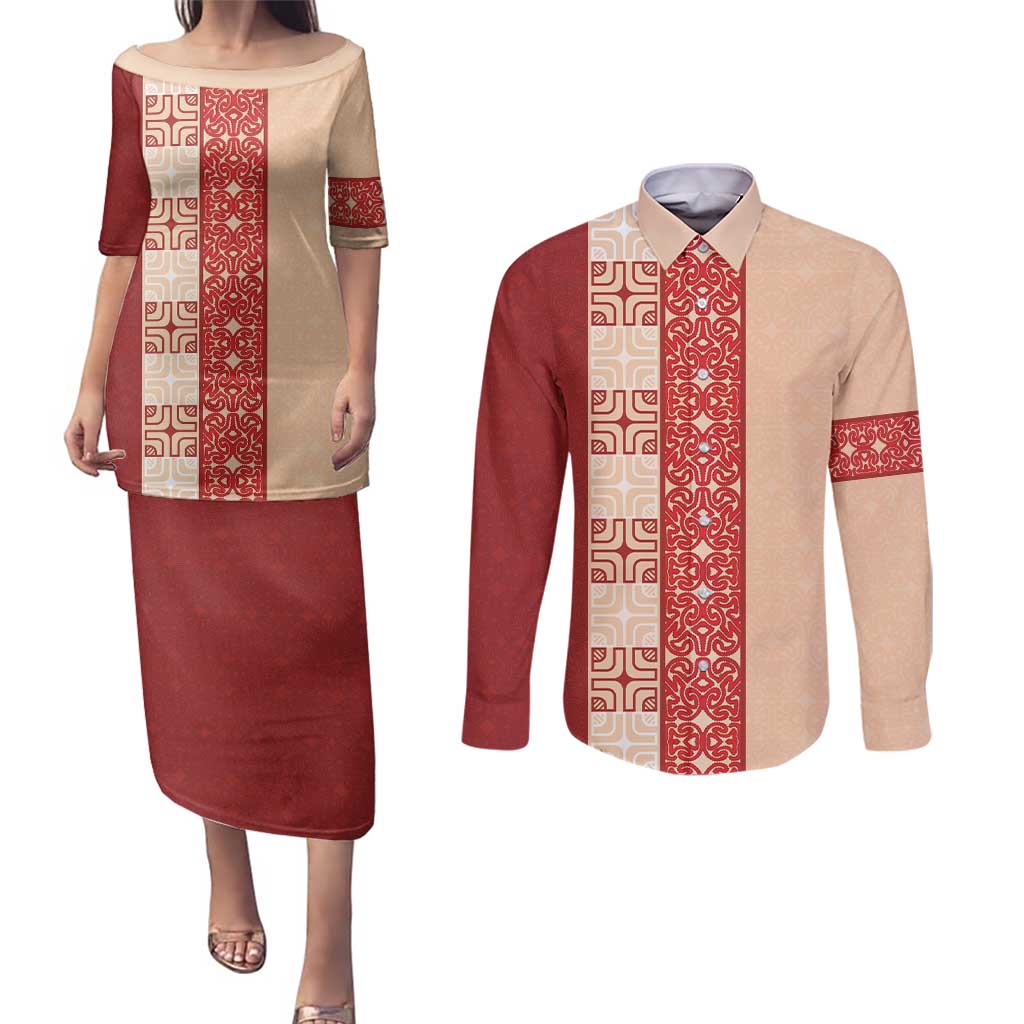 Papua New Guinea Couples Matching Puletasi and Long Sleeve Button Shirt Oro Tapa Pattern LT05 Beige - Polynesian Pride