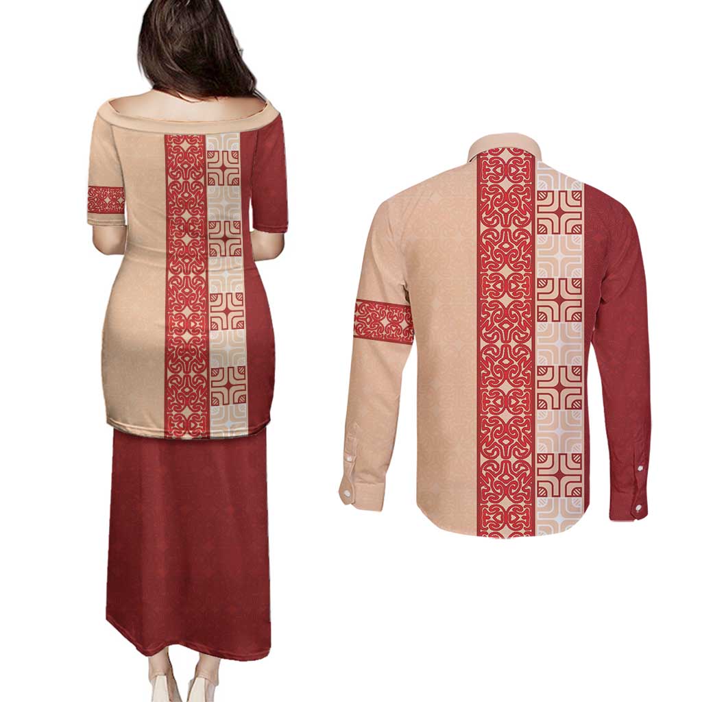 Papua New Guinea Couples Matching Puletasi and Long Sleeve Button Shirt Oro Tapa Pattern