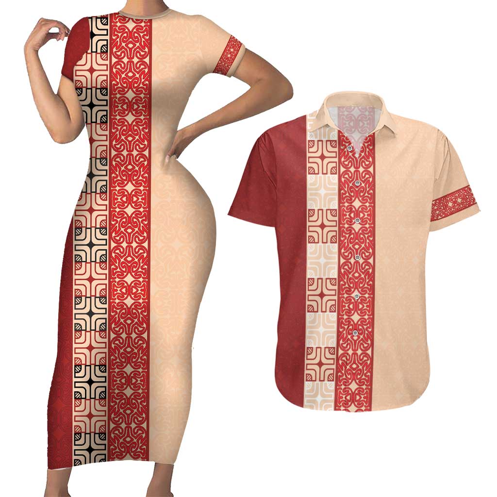 Papua New Guinea Couples Matching Short Sleeve Bodycon Dress and Hawaiian Shirt Oro Tapa Pattern LT05 Beige - Polynesian Pride