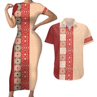 Papua New Guinea Couples Matching Short Sleeve Bodycon Dress and Hawaiian Shirt Oro Tapa Pattern LT05 Beige - Polynesian Pride