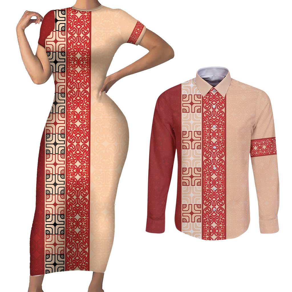 Papua New Guinea Couples Matching Short Sleeve Bodycon Dress and Long Sleeve Button Shirt Oro Tapa Pattern