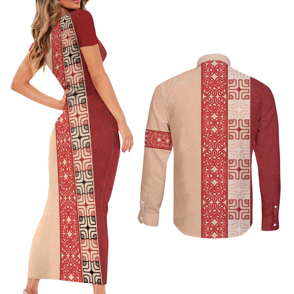 Papua New Guinea Couples Matching Short Sleeve Bodycon Dress and Long Sleeve Button Shirt Oro Tapa Pattern LT05 - Polynesian Pride