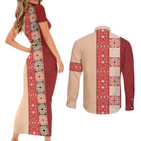 Papua New Guinea Couples Matching Short Sleeve Bodycon Dress and Long Sleeve Button Shirt Oro Tapa Pattern LT05 - Polynesian Pride