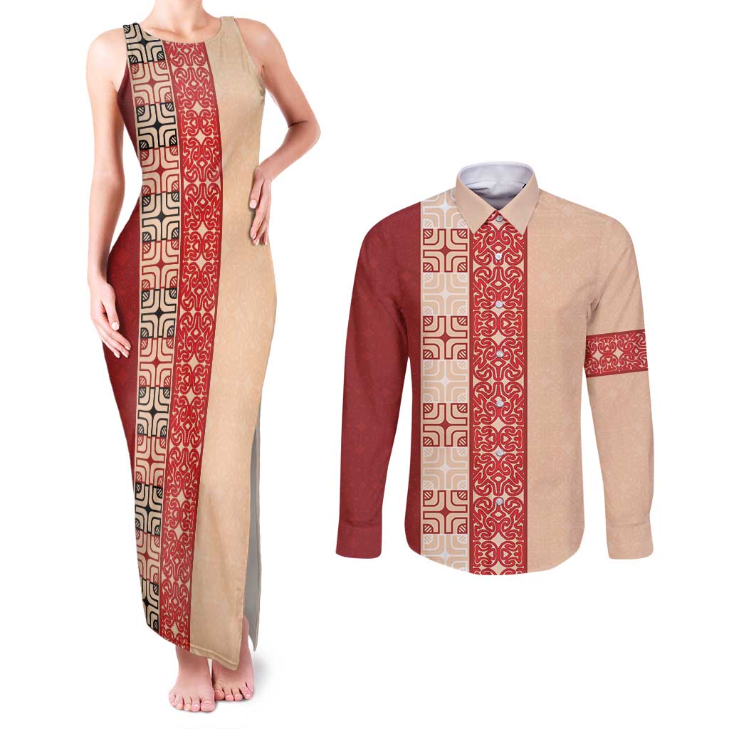 Papua New Guinea Couples Matching Tank Maxi Dress and Long Sleeve Button Shirt Oro Tapa Pattern LT05 Beige - Polynesian Pride