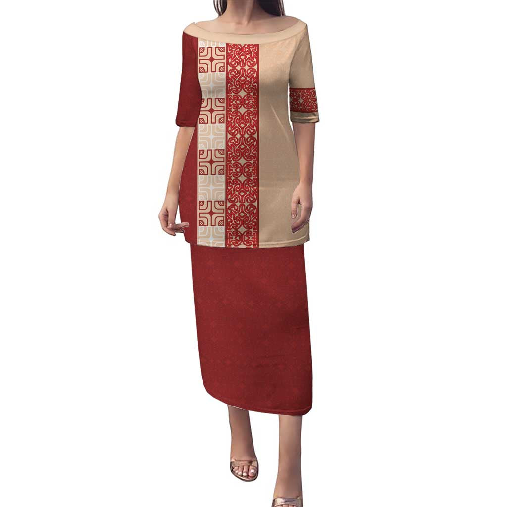 Papua New Guinea Puletasi Oro Tapa Pattern LT05 Long Dress Beige - Polynesian Pride