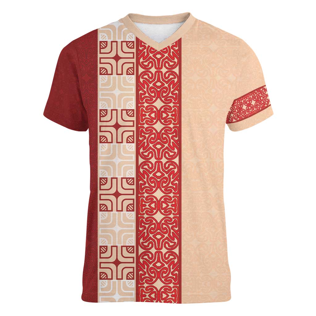 Papua New Guinea Women V-Neck T-Shirt Oro Tapa Pattern LT05 Female Beige - Polynesian Pride