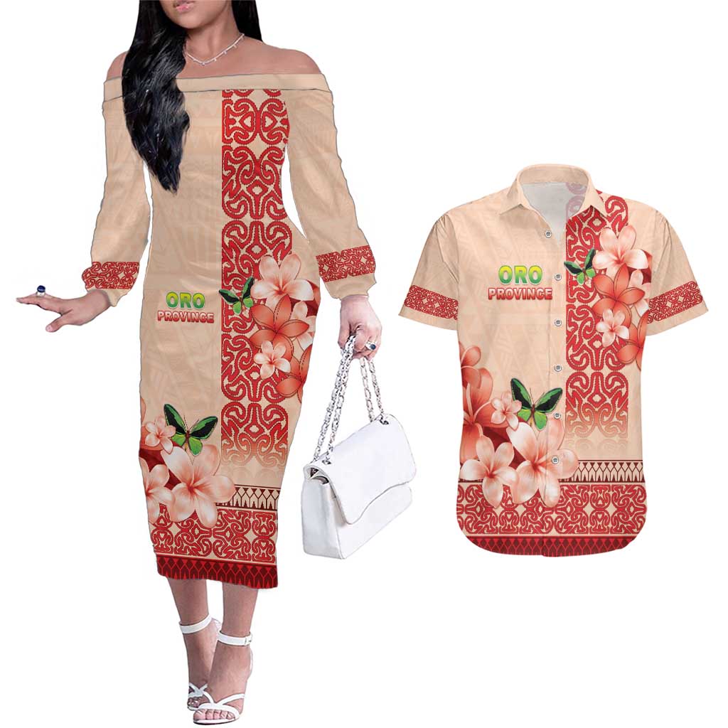Papua New Guinea Oro Province Couples Matching Off The Shoulder Long Sleeve Dress and Hawaiian Shirt Oro Birdwing Butterfly LT05 Beige - Polynesian Pride