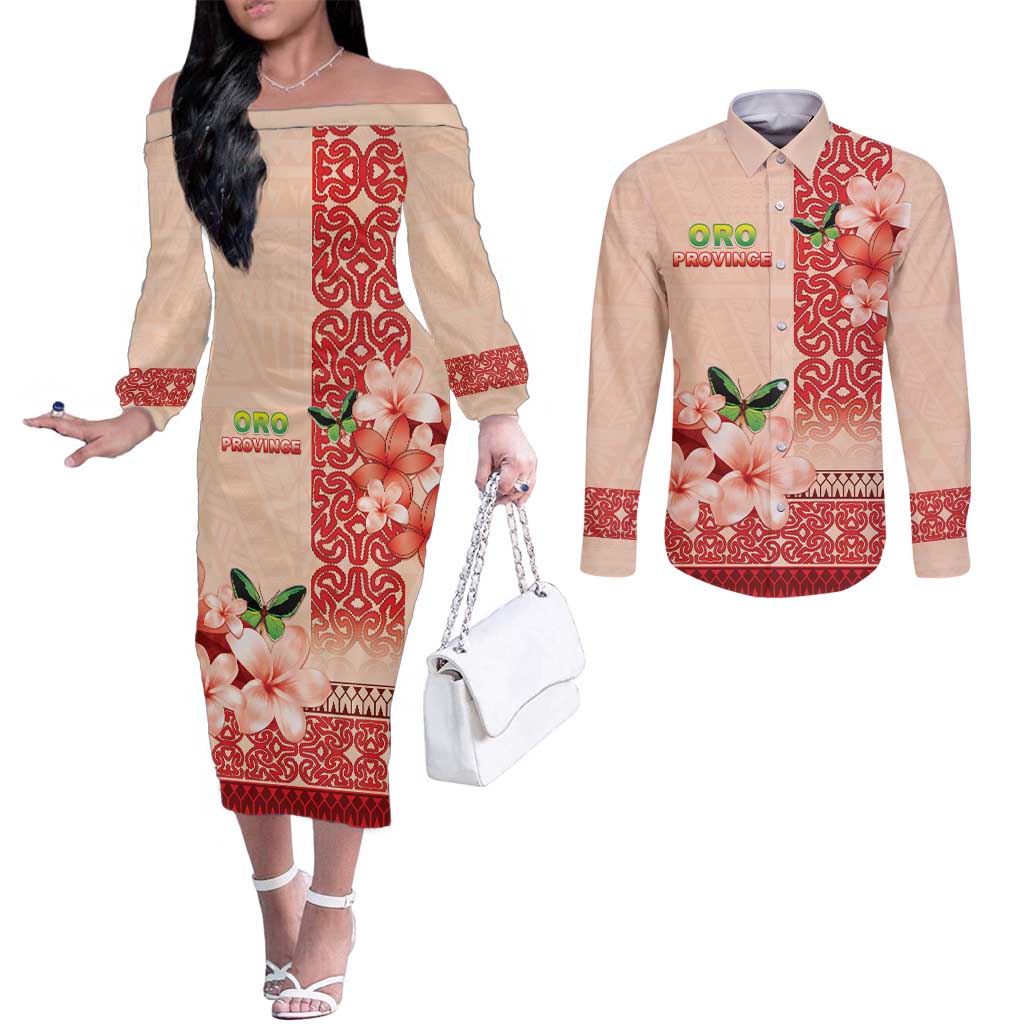Papua New Guinea Oro Province Couples Matching Off The Shoulder Long Sleeve Dress and Long Sleeve Button Shirt Oro Birdwing Butterfly LT05 Beige - Polynesian Pride