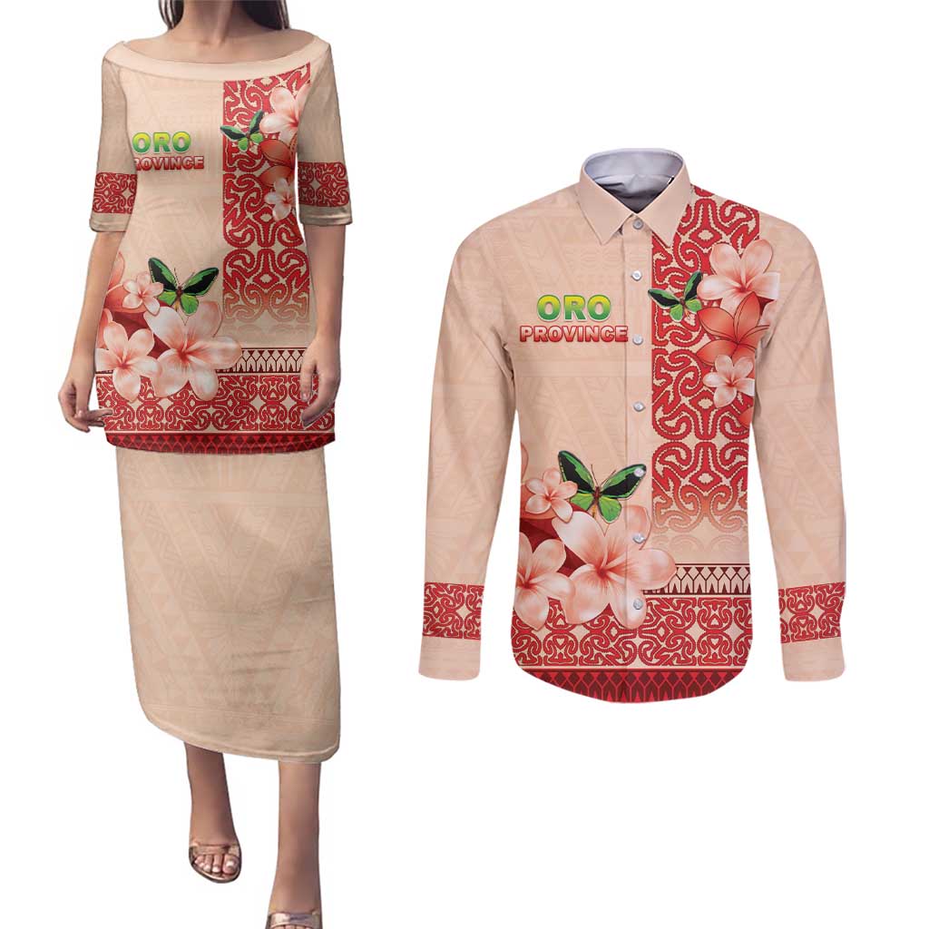Papua New Guinea Oro Province Couples Matching Puletasi and Long Sleeve Button Shirt Oro Birdwing Butterfly LT05 Beige - Polynesian Pride