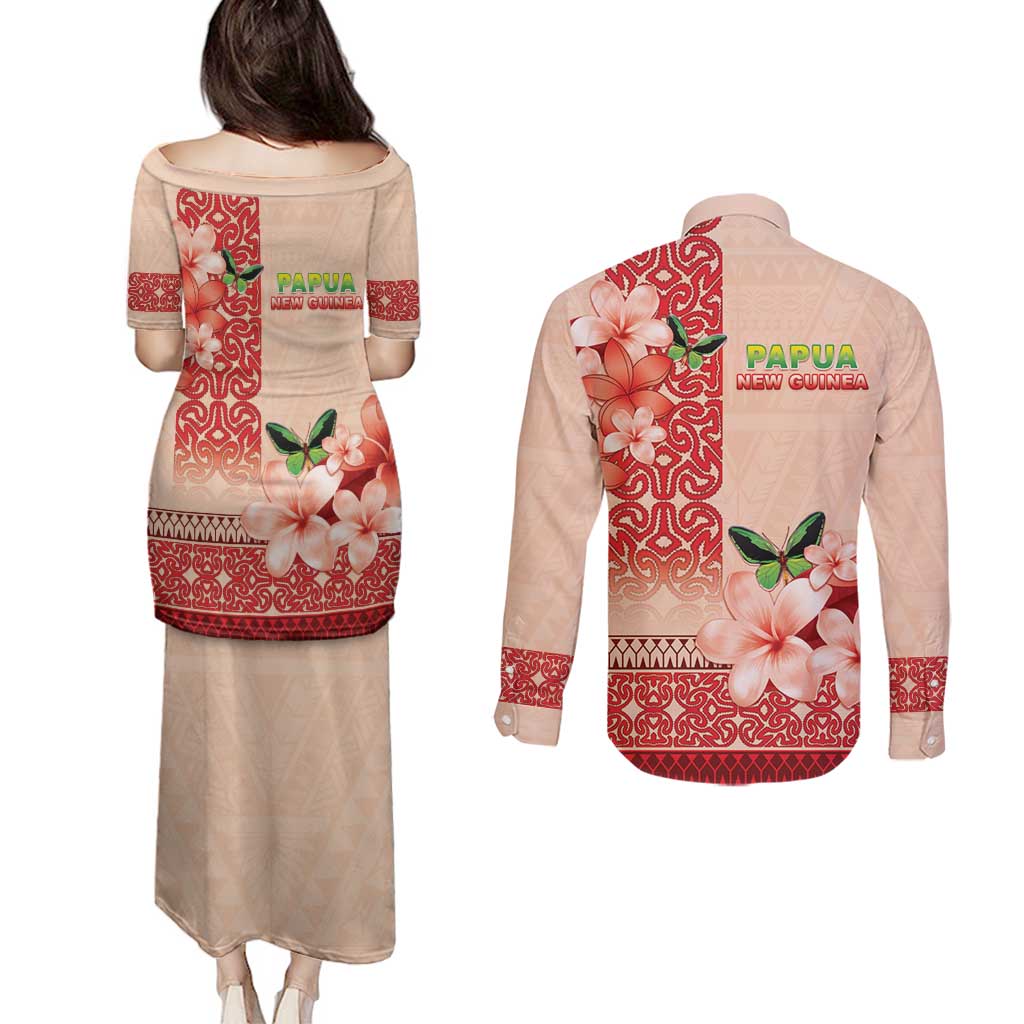 Papua New Guinea Oro Province Couples Matching Puletasi and Long Sleeve Button Shirt Oro Birdwing Butterfly LT05 - Polynesian Pride