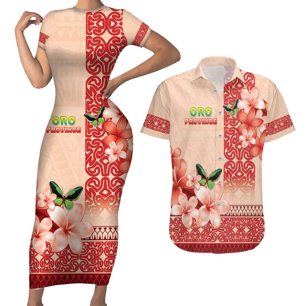 Papua New Guinea Oro Province Couples Matching Short Sleeve Bodycon Dress and Hawaiian Shirt Oro Birdwing Butterfly LT05 Beige - Polynesian Pride