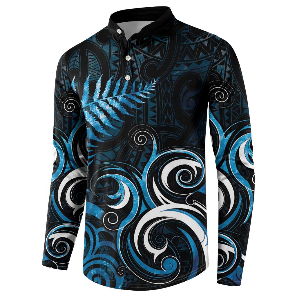 New Zealand Sea Week Button Sweatshirt Maori Wave Pattern Ocean Blue LT05 - Polynesian Pride