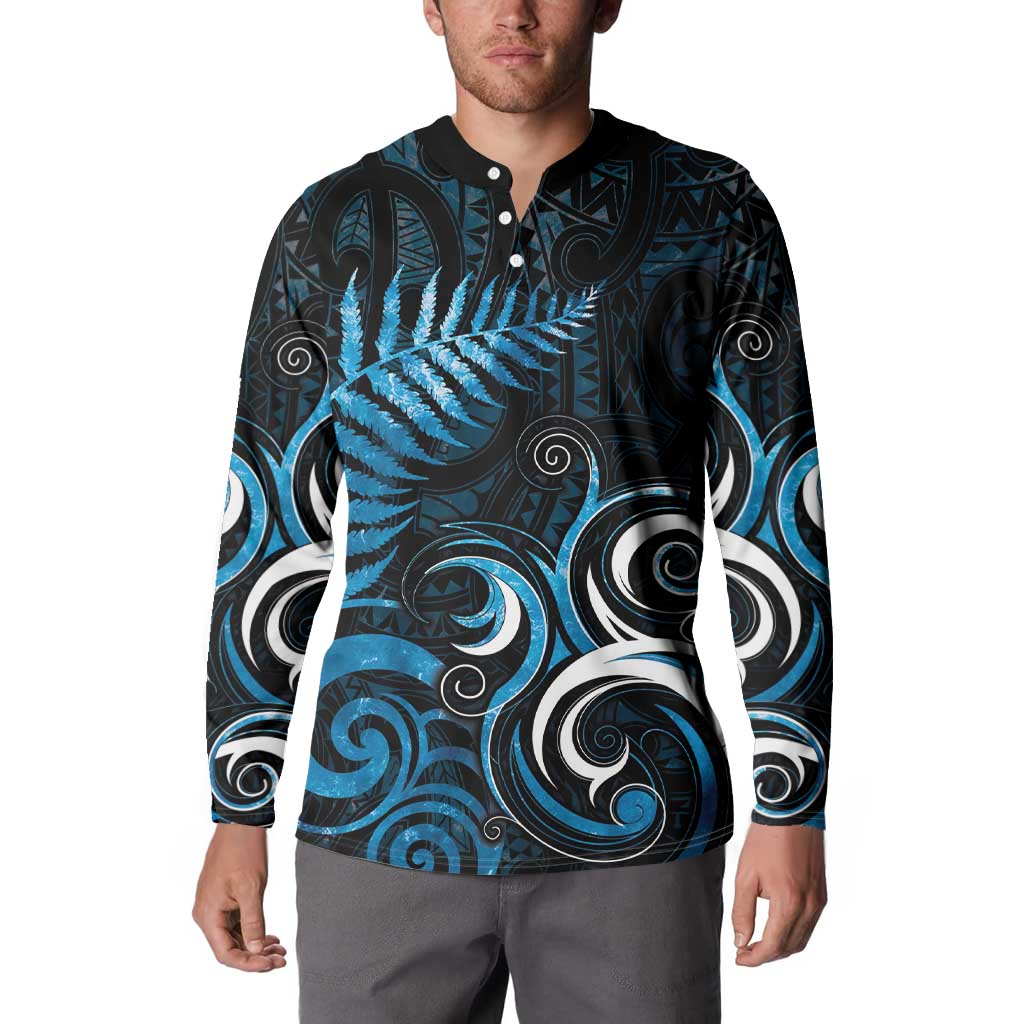 New Zealand Sea Week Button Sweatshirt Maori Wave Pattern Ocean Blue LT05 - Polynesian Pride