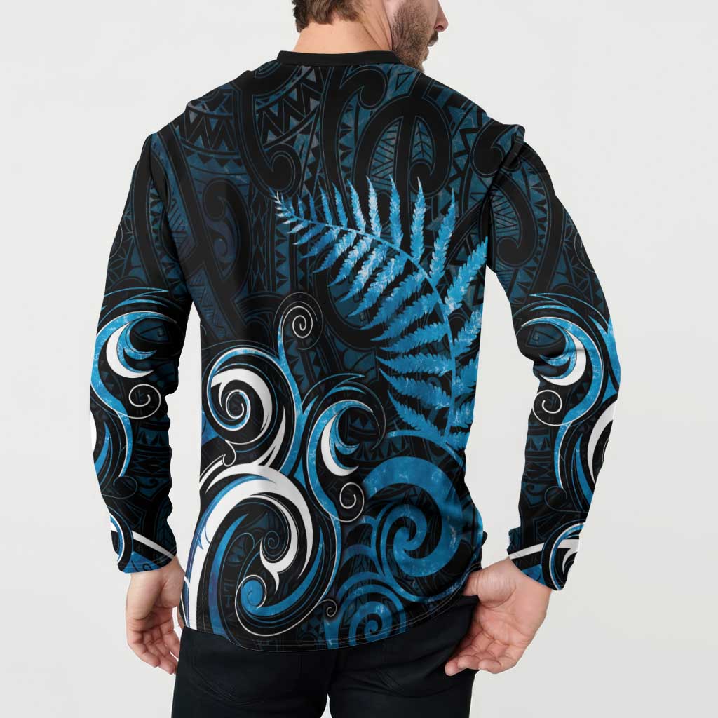 New Zealand Sea Week Button Sweatshirt Maori Wave Pattern Ocean Blue LT05 - Polynesian Pride