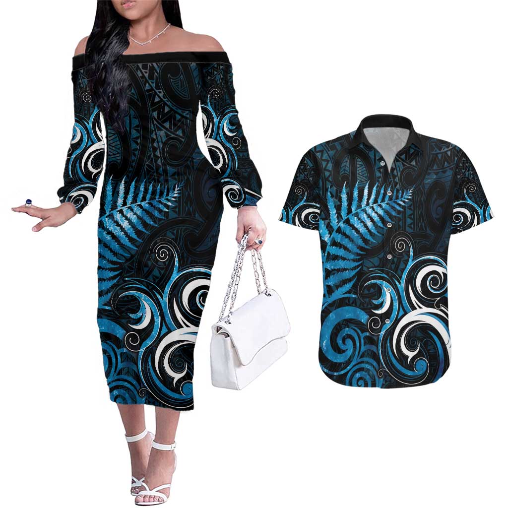 New Zealand Sea Week Couples Matching Off The Shoulder Long Sleeve Dress and Hawaiian Shirt Maori Wave Pattern Ocean Blue LT05 Blue - Polynesian Pride