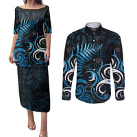 New Zealand Sea Week Couples Matching Puletasi and Long Sleeve Button Shirt Maori Wave Pattern Ocean Blue LT05 Blue - Polynesian Pride