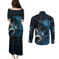 New Zealand Sea Week Couples Matching Puletasi and Long Sleeve Button Shirt Maori Wave Pattern Ocean Blue LT05 - Polynesian Pride