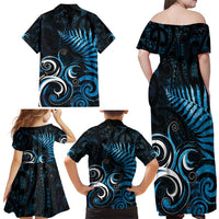 New Zealand Sea Week Family Matching Off Shoulder Maxi Dress and Hawaiian Shirt Maori Wave Pattern Ocean Blue