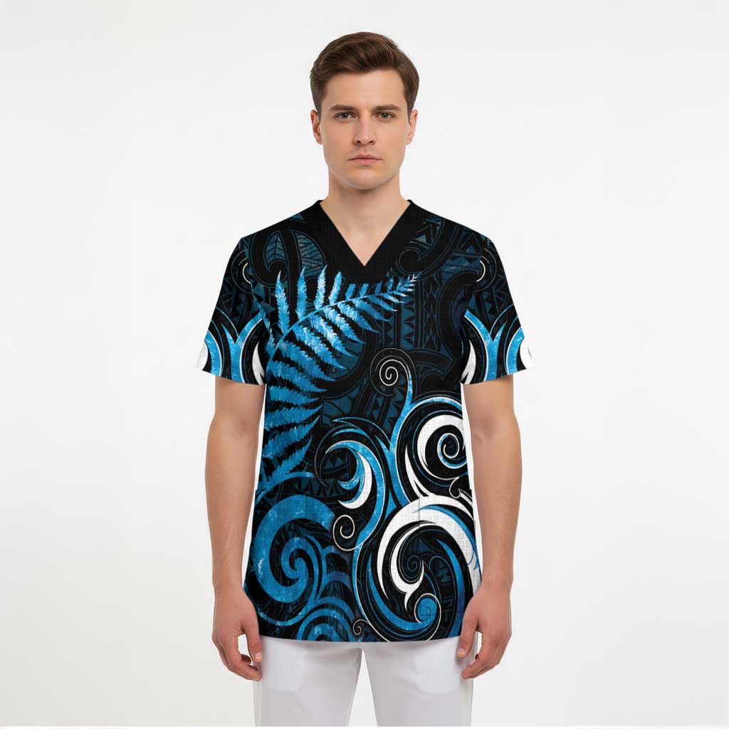New Zealand Sea Week Scrub Top Maori Wave Pattern Ocean Blue - Polynesian Pride