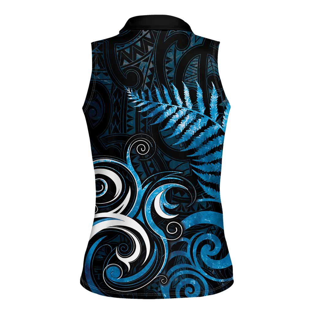 New Zealand Sea Week Women Sleeveless Polo Shirt Maori Wave Pattern Ocean Blue
