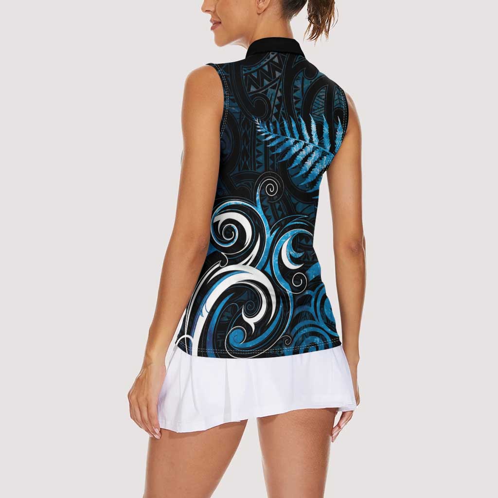 New Zealand Sea Week Women Sleeveless Polo Shirt Maori Wave Pattern Ocean Blue