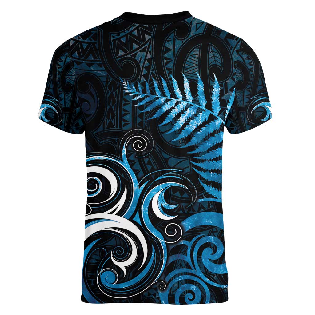 New Zealand Sea Week Women V-Neck T-Shirt Maori Wave Pattern Ocean Blue LT05 - Polynesian Pride