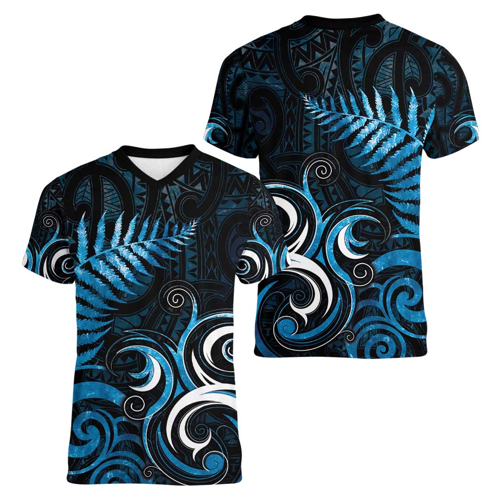 New Zealand Sea Week Women V-Neck T-Shirt Maori Wave Pattern Ocean Blue LT05 - Polynesian Pride
