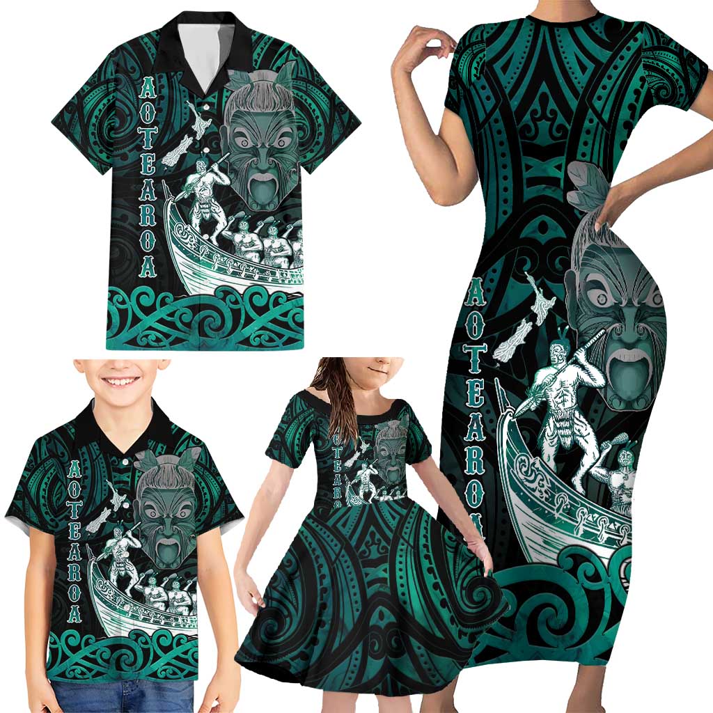 Personalised New Zealand Waka Racing Family Matching Short Sleeve Bodycon Dress and Hawaiian Shirt Maori Warriors