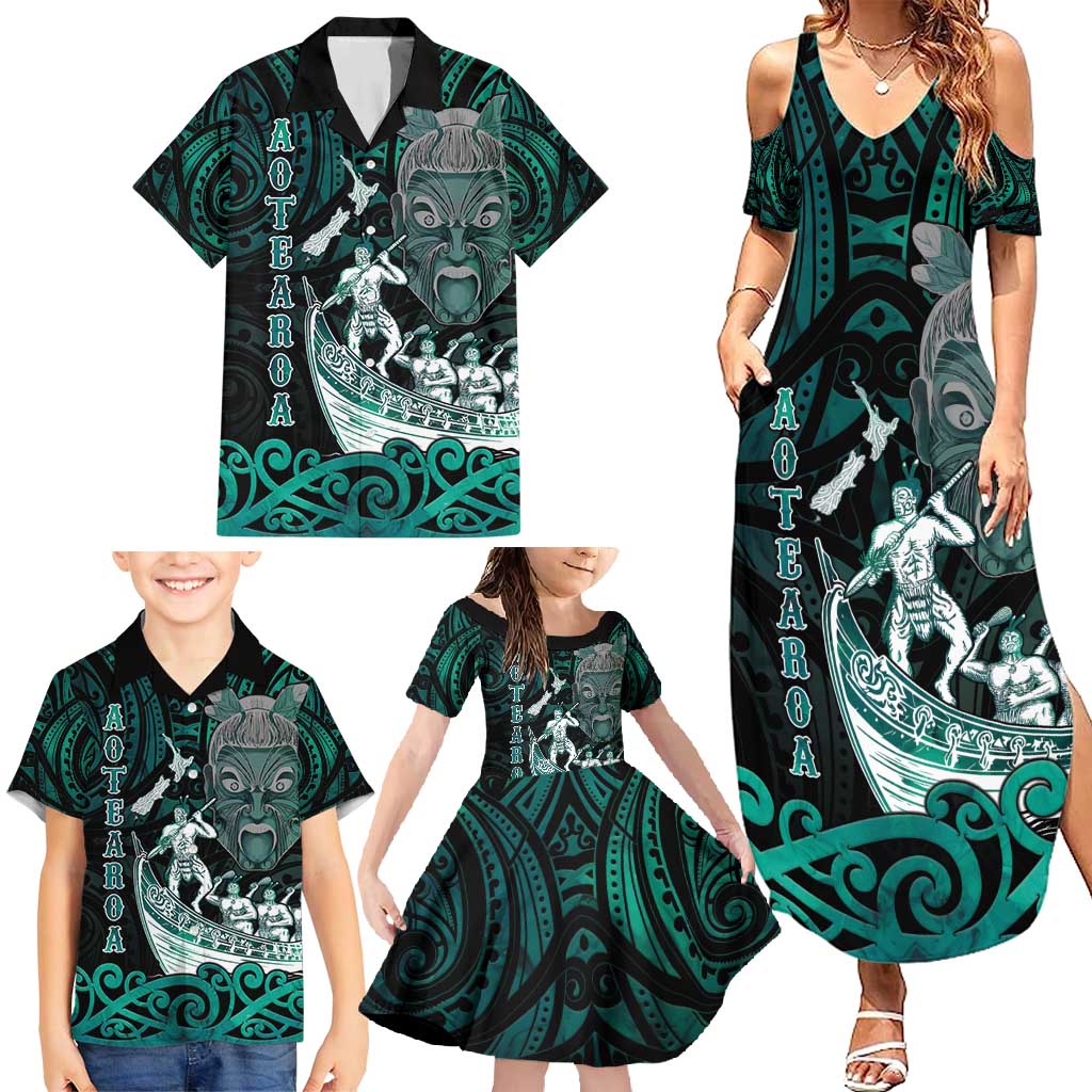 Personalised New Zealand Waka Racing Family Matching Summer Maxi Dress and Hawaiian Shirt Maori Warriors