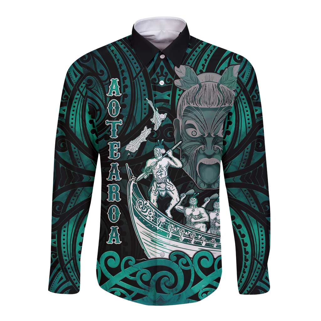 Personalised New Zealand Waka Racing Long Sleeve Button Shirt Maori Warriors LT05 Unisex Green - Polynesian Pride