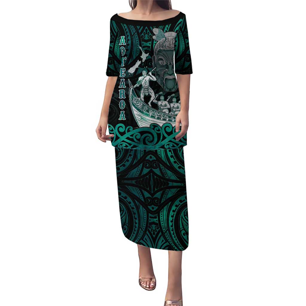 Personalised New Zealand Waka Racing Puletasi Maori Warriors LT05 Long Dress Green - Polynesian Pride