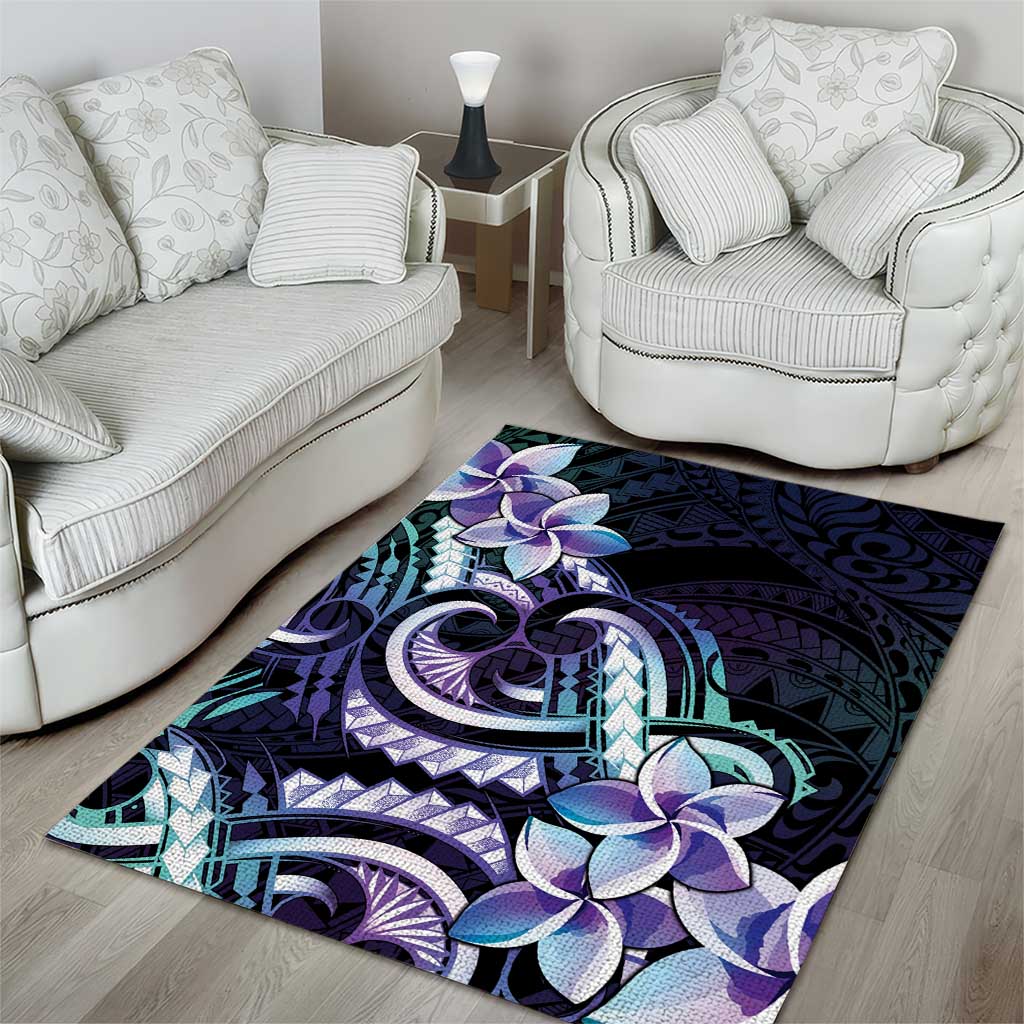 Polynesian Art Tattoo Area Rug Plumeria Flowers Turquoise Gradient