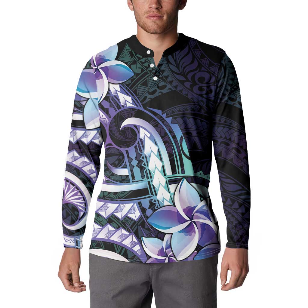 Polynesian Art Tattoo Button Sweatshirt Plumeria Flowers Turquoise Gradient LT05 - Polynesian Pride