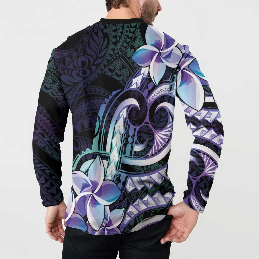 Polynesian Art Tattoo Button Sweatshirt Plumeria Flowers Turquoise Gradient LT05 - Polynesian Pride