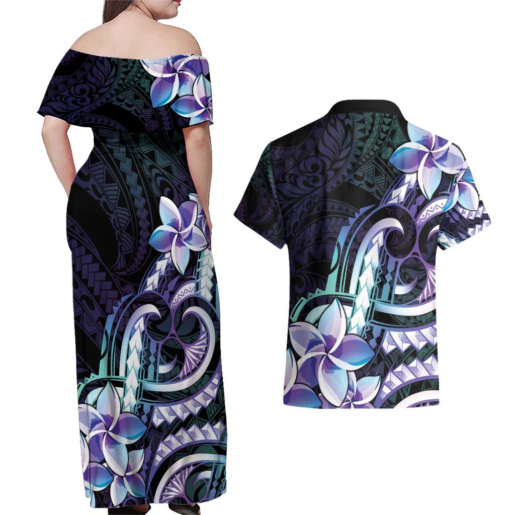Polynesian Art Tattoo Couples Matching Off Shoulder Maxi Dress and Hawaiian Shirt Plumeria Flowers Turquoise Gradient