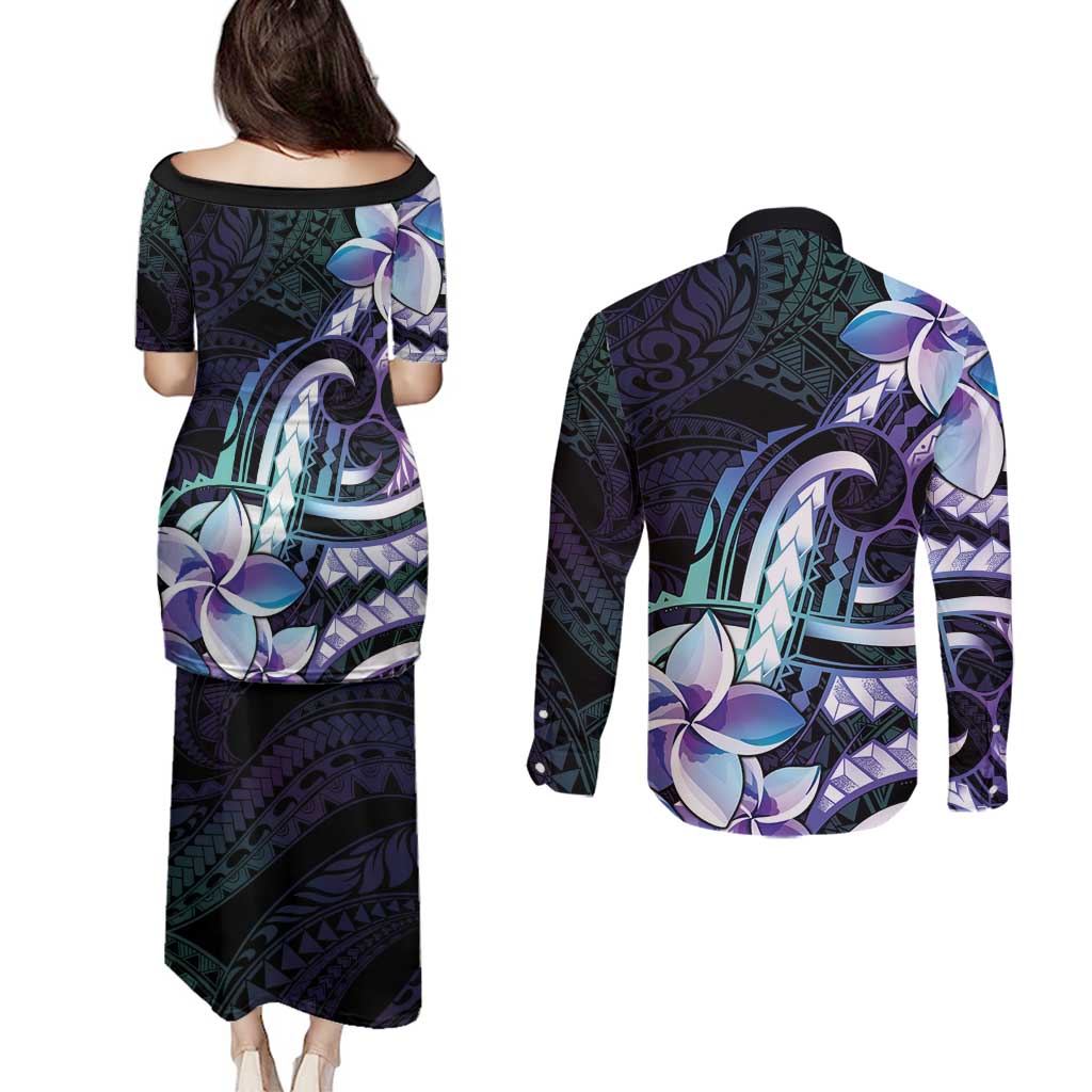 Polynesian Art Tattoo Couples Matching Puletasi and Long Sleeve Button Shirt Plumeria Flowers Turquoise Gradient LT05 - Polynesian Pride