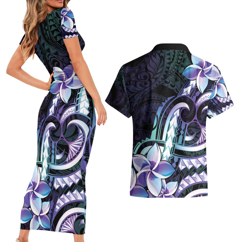 Polynesian Art Tattoo Couples Matching Short Sleeve Bodycon Dress and Hawaiian Shirt Plumeria Flowers Turquoise Gradient